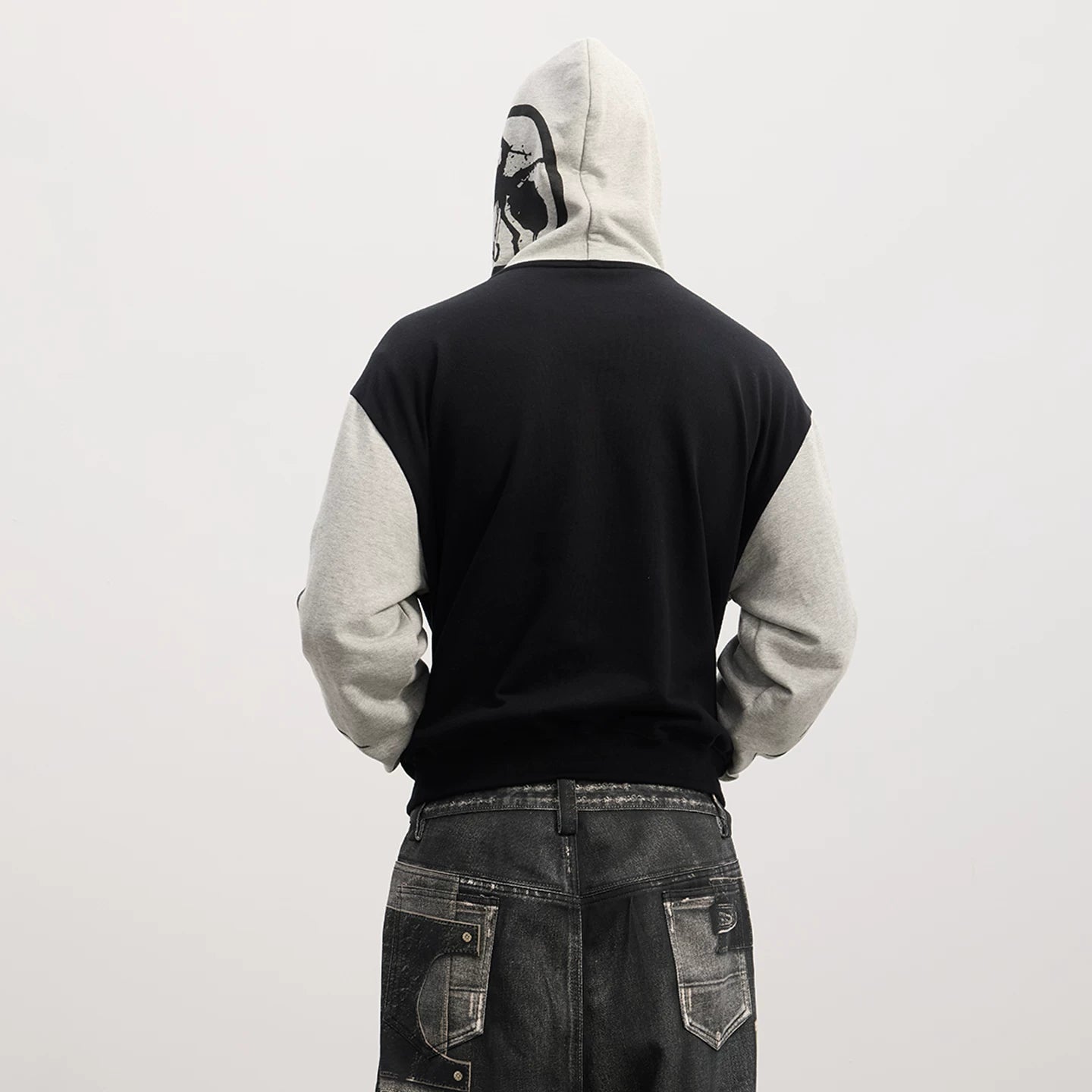 DND4DES American acid font rock portrait print splicing contrasting color Boxy short and wide hooded sweatshirt jacket