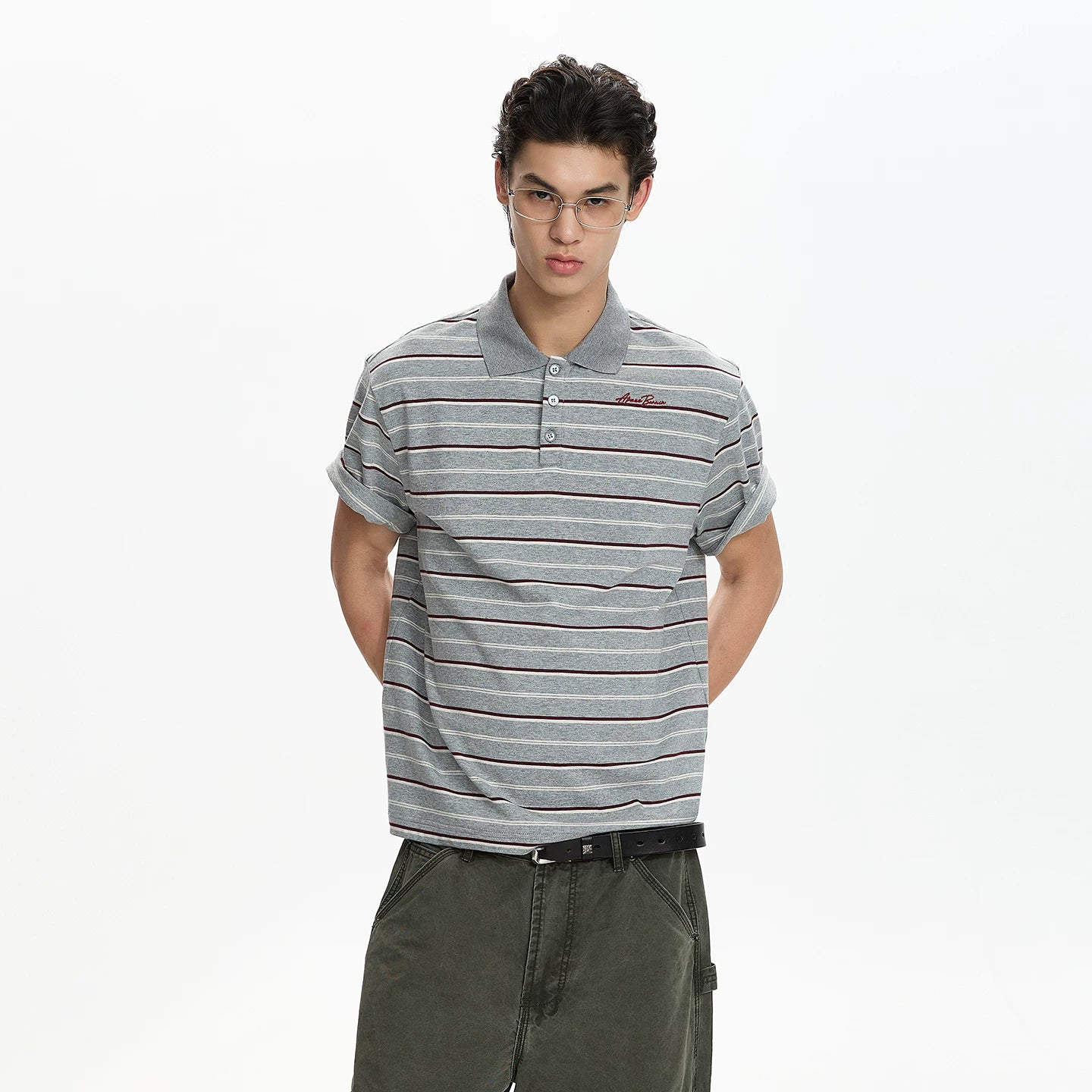 A PUEE American retro striped embroidered design short sleeved polo shirt for men and women, lazy and high-end loose top