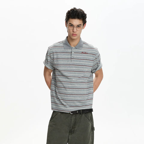 A PUEE American retro striped embroidered design short sleeved polo shirt for men and women, lazy and high-end loose top