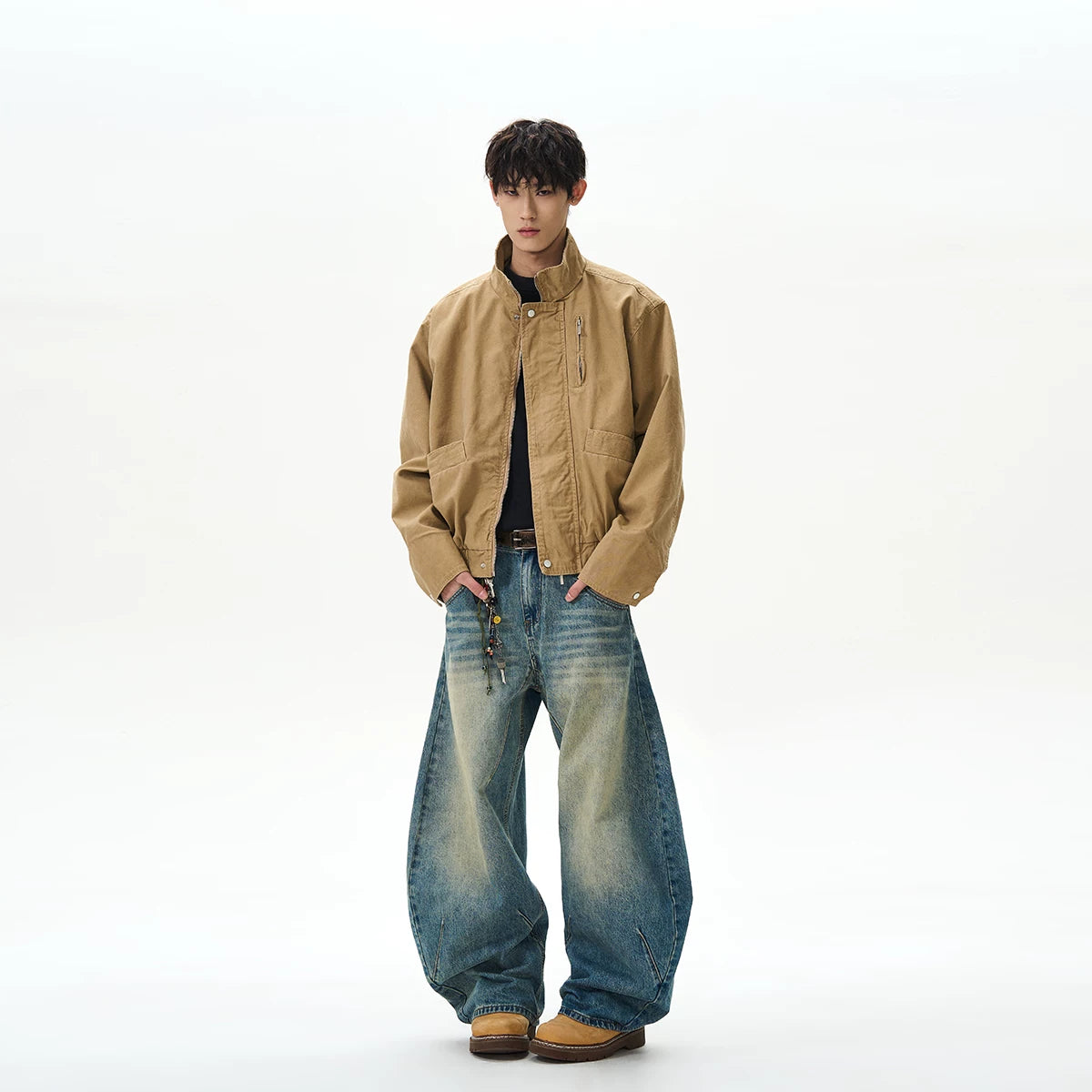 A PUEE American retro bomber standing collar pilot jacket men's and women's boxy short Barn style workwear jacket