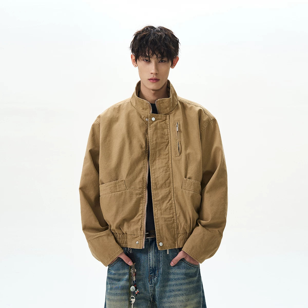 A PUEE American retro bomber standing collar pilot jacket men's and women's boxy short Barn style workwear jacket