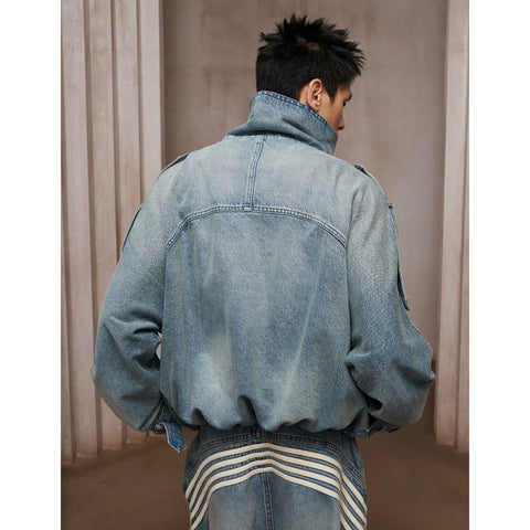 DND4DES American Heavy Industry Washed Used Double breasted Multi Pocket Short Wide Cowboy Jacket Stand up Collar Coat Windbreaker
