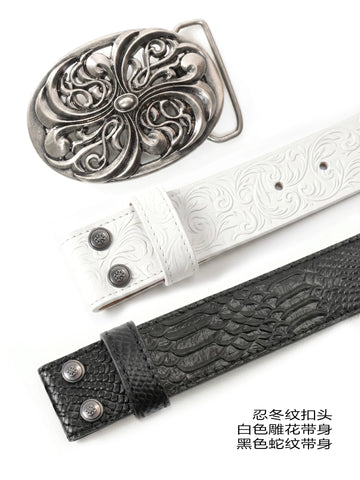 DND4DES Ding Yuxi's retro honeysuckle pattern carved belt, heavy-duty head layer cowhide leather belt, waist belt
