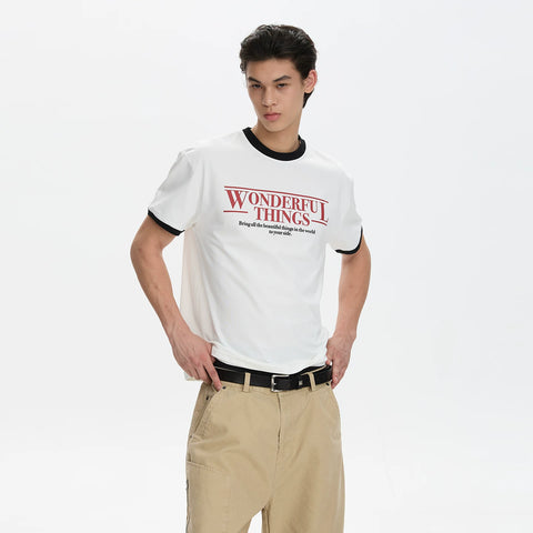 A PUEE retro American letter slogan color blocked short sleeved T-shirt for men and women boxy short shoulder versatile top summer
