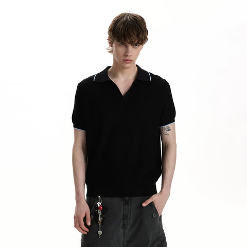 A PUEE American retro nouveau riche Barn style lapel polo shirt short sleeved texture front shoulder short knit shirt trendy