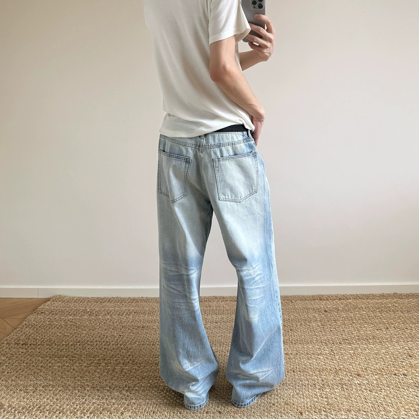 A PUEE American retro cleanfit washed ice blue jeans men's trendy straight tube micro flared versatile slimming pants