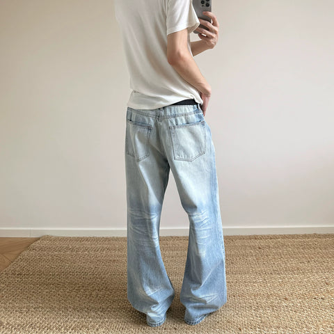 A PUEE American retro cleanfit washed ice blue jeans men's trendy straight tube micro flared versatile slimming pants
