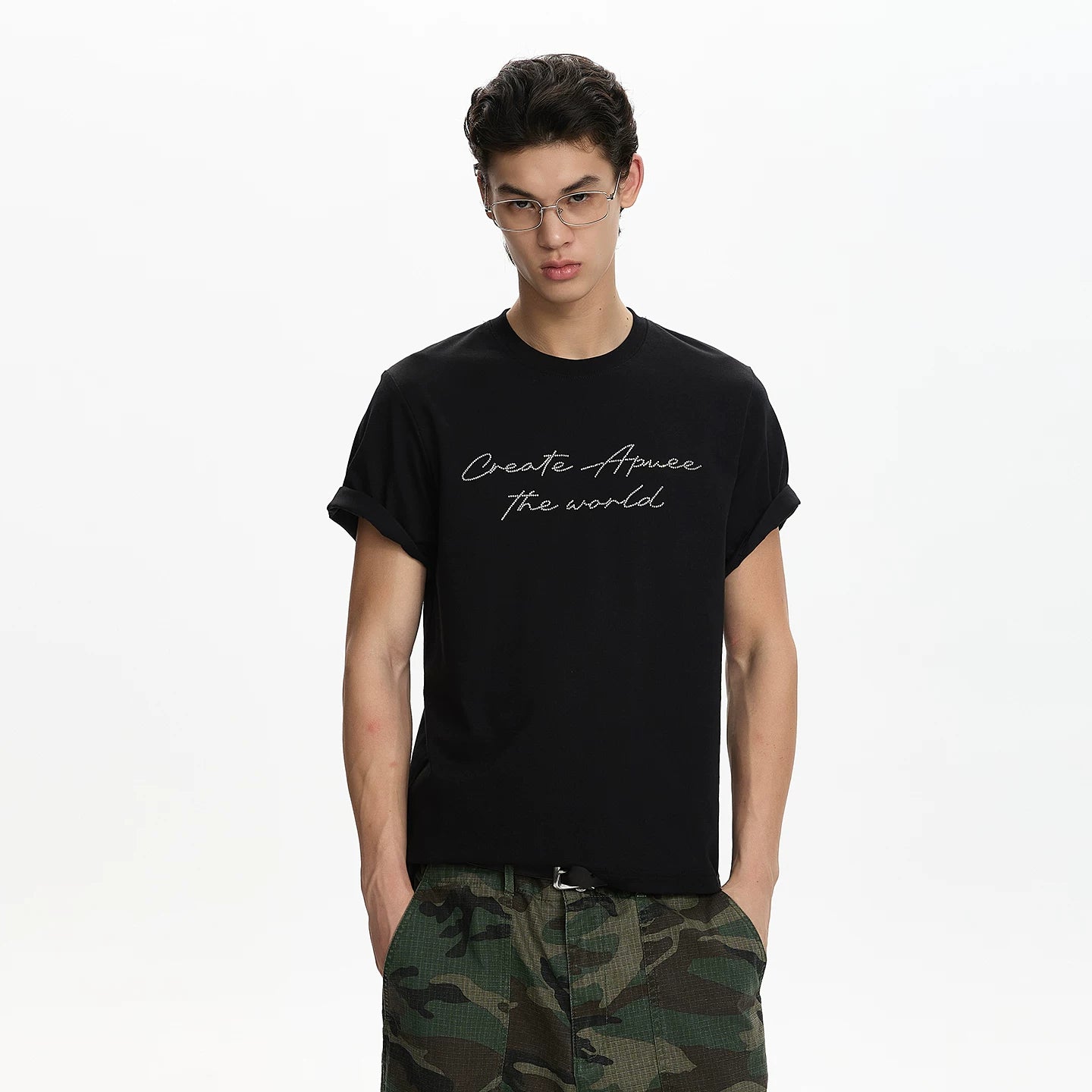 A PUEE Retro Premium Letter Hot Diamond Short sleeved T-shirt Men's and Women's Boxy Version Short Shoulder Versatile Top