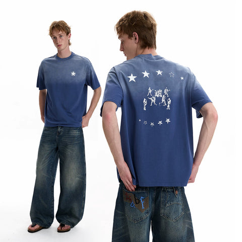 A PUEE Street Retro Vintage Doing Old Star Short sleeved T-shirt Trendy Couple Rascal Handsome Loose Versatile Top Summer