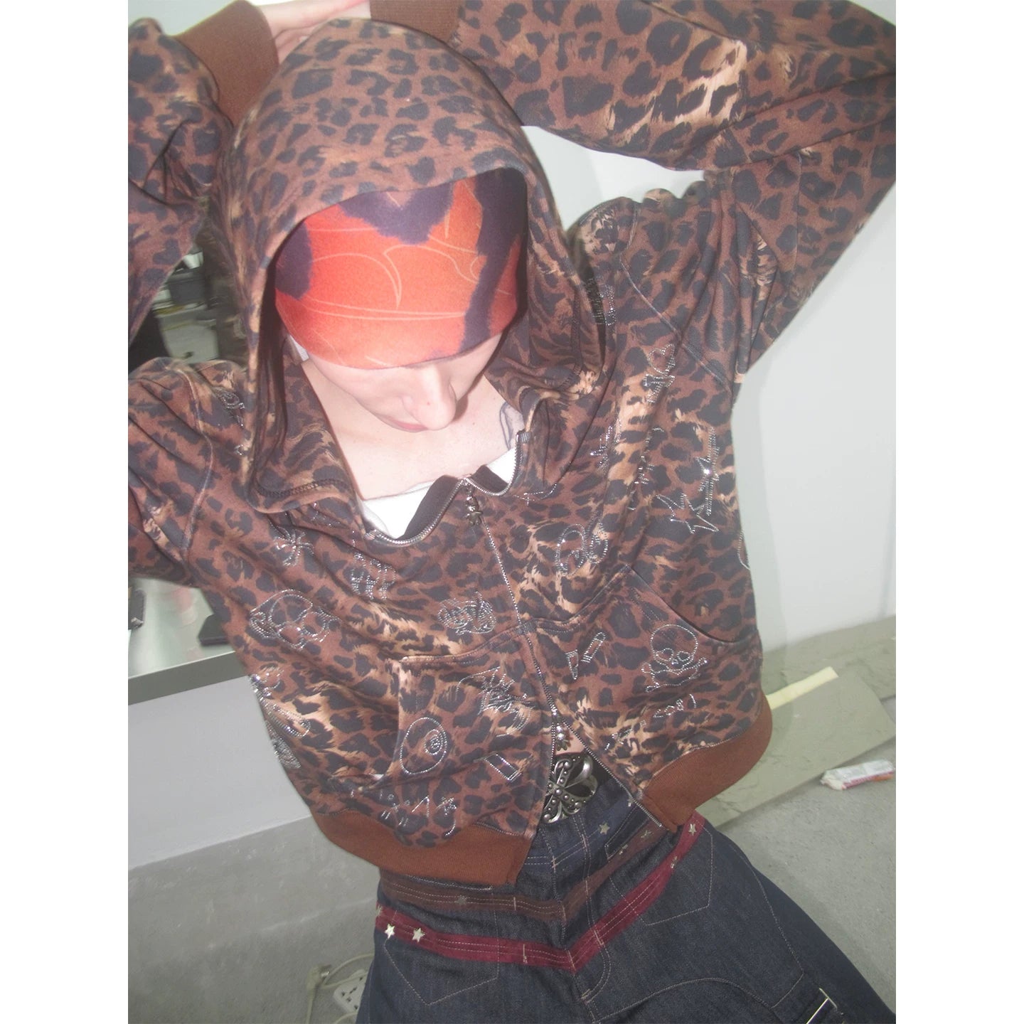 DND4DES original design American retro cartoon anime hot diamond teddy bear pendant leopard print hooded sweatshirt jacket