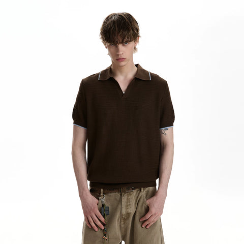 A PUEE American retro nouveau riche Barn style lapel polo shirt short sleeved texture front shoulder short knit shirt trendy