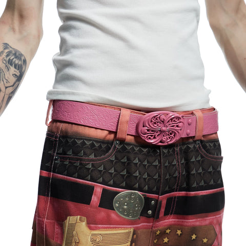 DND4DES Retro Pink Honeysuckle Pattern Customized Buckle, Pink Heavy duty Head Layer Cowhide Leather Belt Belt