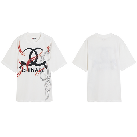 DND4DES American Newvintage parody with split Nair print short wide round neck t-shirt