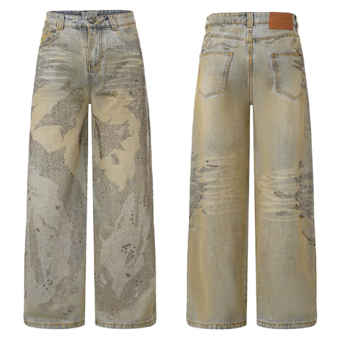 DND4DES Ding Yuxi Same Style American Heavy Industry Wash Dirty Stained Starry Sky Cross Color Hot Drilled Straight leg Jeans