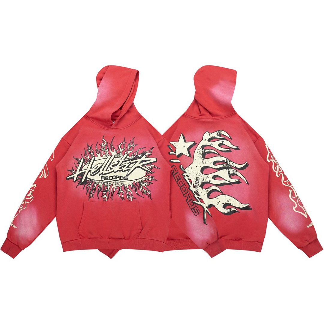 Bright Red Heavyweight Hoodie Retro Flame Letter Print Street‑Wear