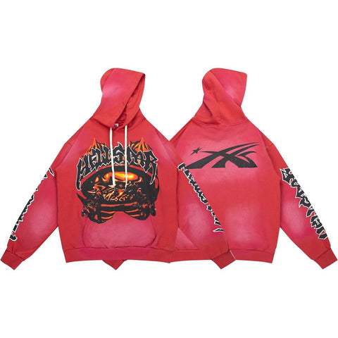 Y2K Gothic Street‑Wear Red Wash Hoodie Drawstring Pullover
