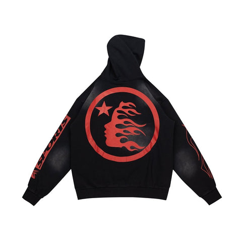 Dark Street‑Style Back Flame Graphic Oversized Hooded Sweatshirt