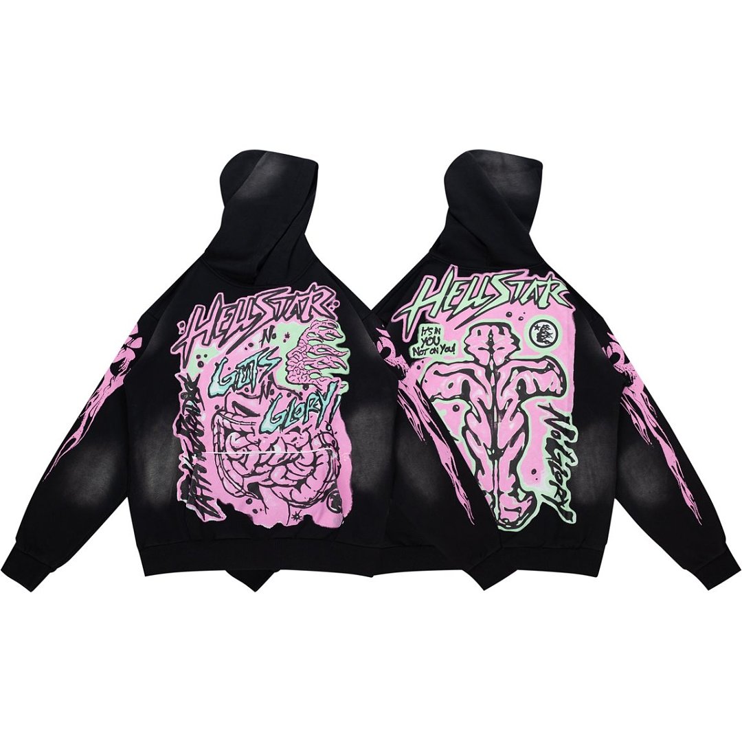 Hellstar Guts N Glory Pink Green Graphic Oversized Hoodie