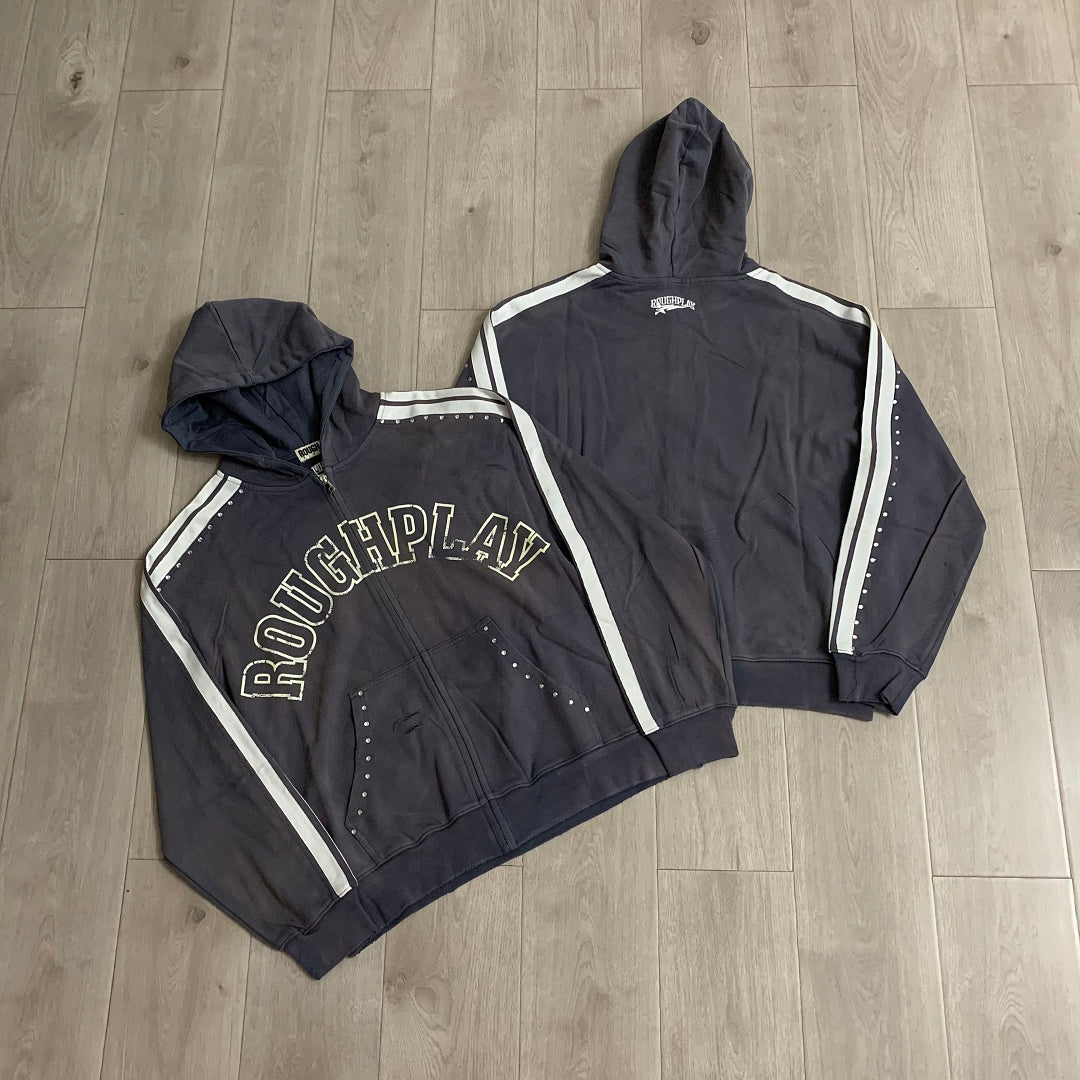 Rough Play Rhinestone Zip Hoodie Grey
