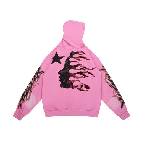 Pink Hellstar Flame‑Star Graphic Oversized Pullover Street‑Wear Hoodie