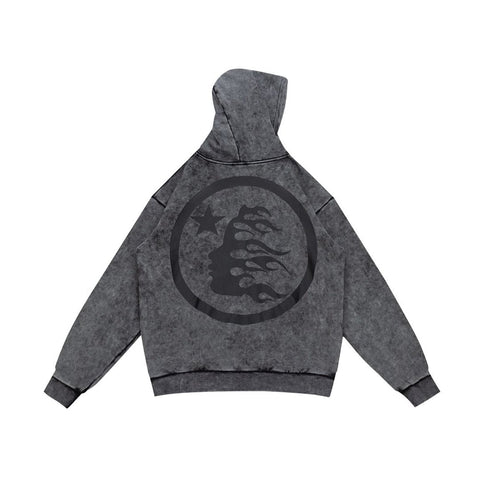 Street Style Distressed Wash Graphic Full Zip Hooded Jacket