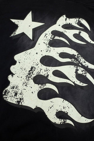 Dark Street‑Style Back Flame‑Star Graphic Oversized Hooded Sweatshirt