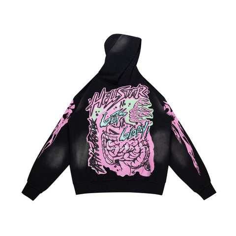 Hellstar Guts N Glory Pink Green Graphic Oversized Hoodie