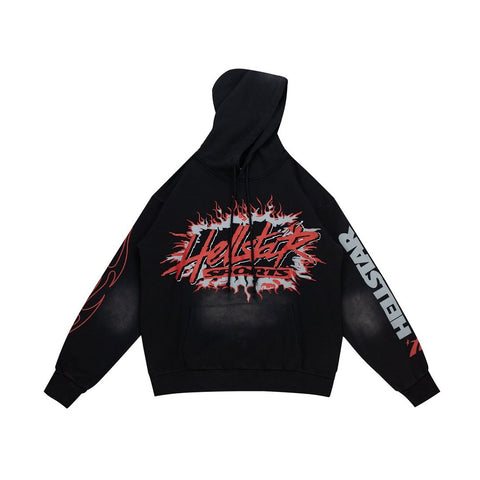 Dark Street‑Style Back Flame Graphic Oversized Hooded Sweatshirt