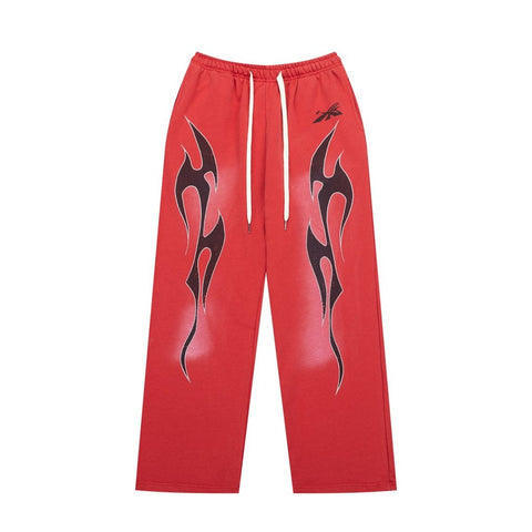 Red Flame Graphic Wide‑Leg Sweat Pants Drawstring Street‑Wear Trousers