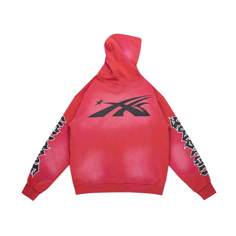 Y2K Gothic Street‑Wear Red Wash Hoodie Drawstring Pullover