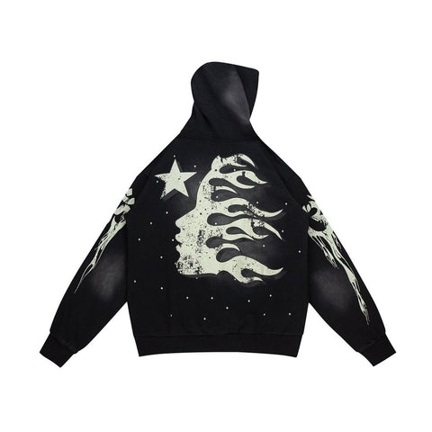 Street‑Wear Oversized Hoodie Retro Cream Graphic Print Drawstring Hood