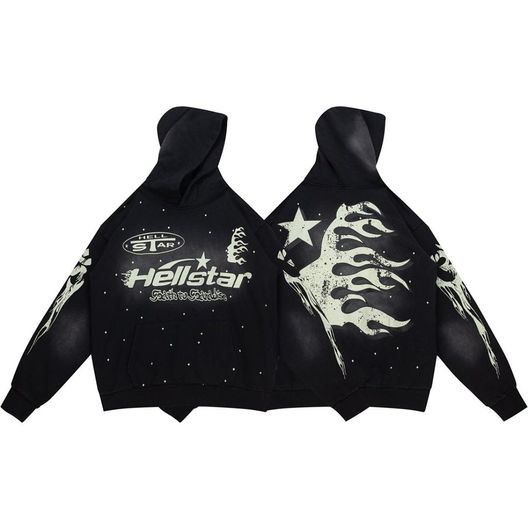 Street‑Wear Oversized Hoodie Retro Cream Graphic Print Drawstring Hood