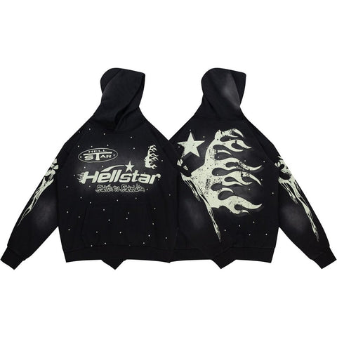 Street‑Wear Oversized Hoodie Retro Cream Graphic Print Drawstring Hood