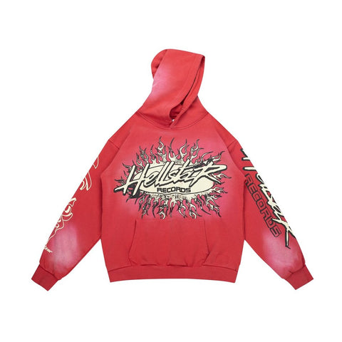 Bright Red Heavyweight Hoodie Retro Flame Letter Print Street‑Wear