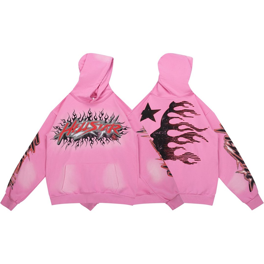 Pink Hellstar Flame‑Star Graphic Oversized Pullover Street‑Wear Hoodie