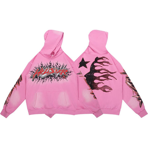 Pink Hellstar Flame‑Star Graphic Oversized Pullover Street‑Wear Hoodie